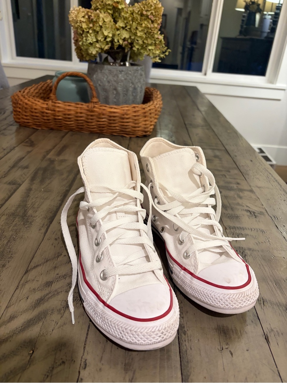 Classic High-Top Canvas Sneakers in Off-White with Red Trim